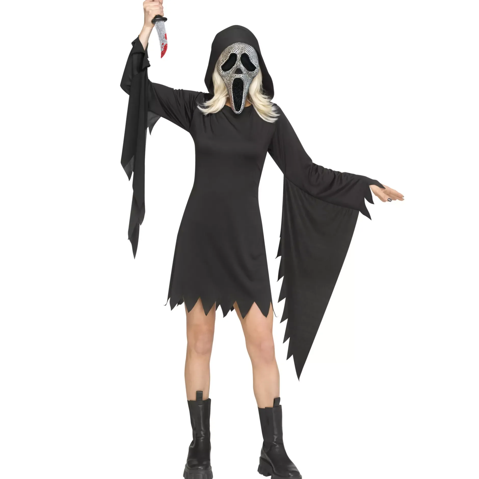 Women Spirit Halloween Adult Bling Ghost Face Dress Costume