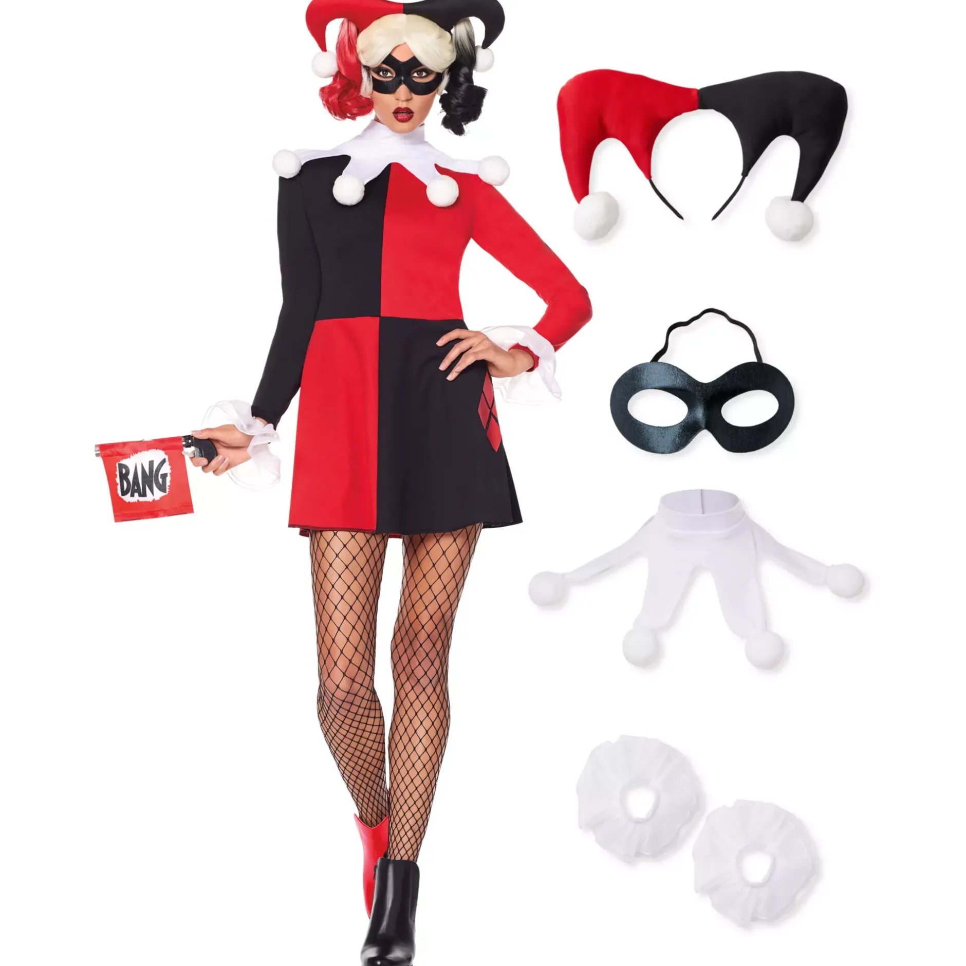 Women Spirit Halloween Adult Harley Quinn Red and Black Dress Costume - DC Villains