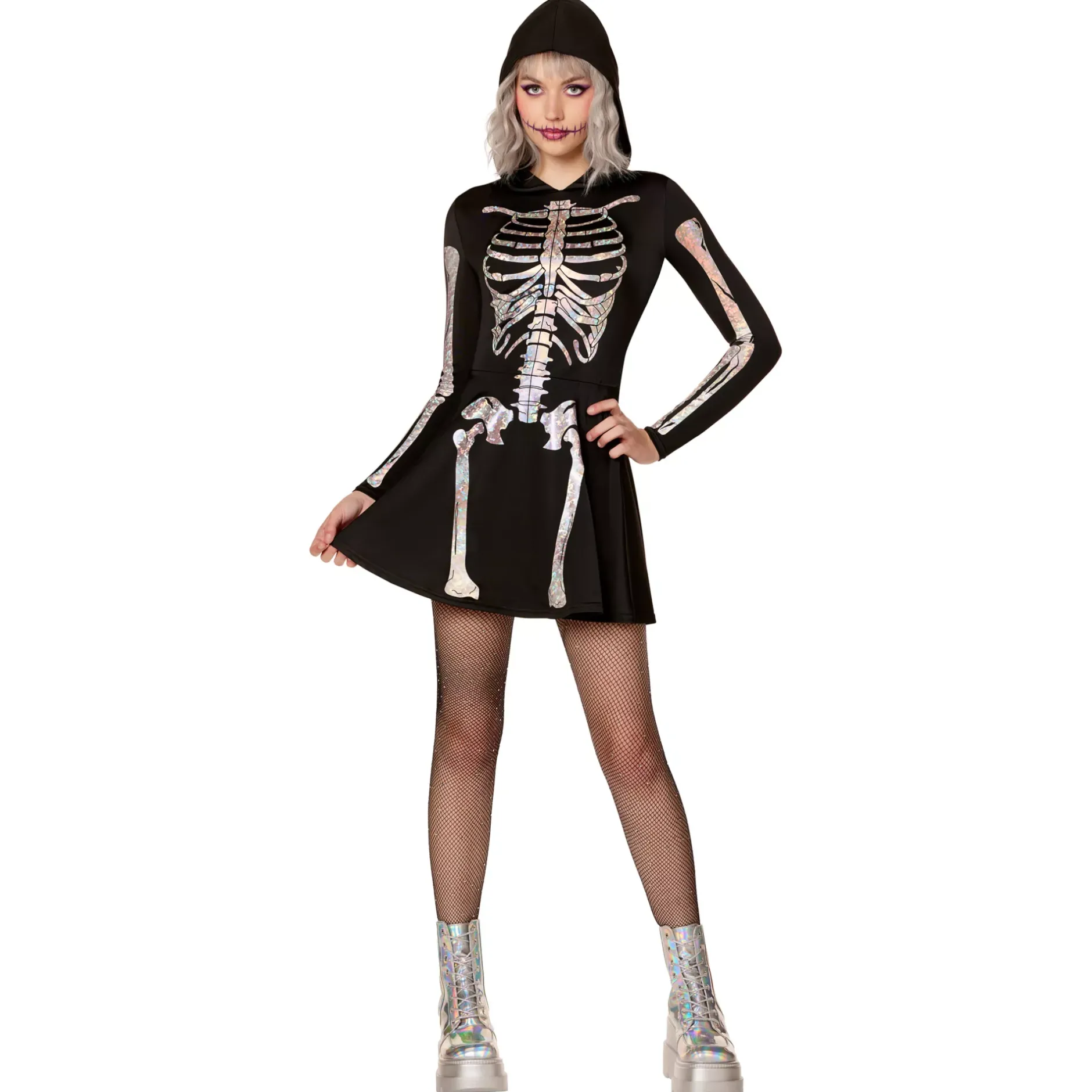 Women Spirit Halloween Adult Holographic Skeleton Hooded Dress