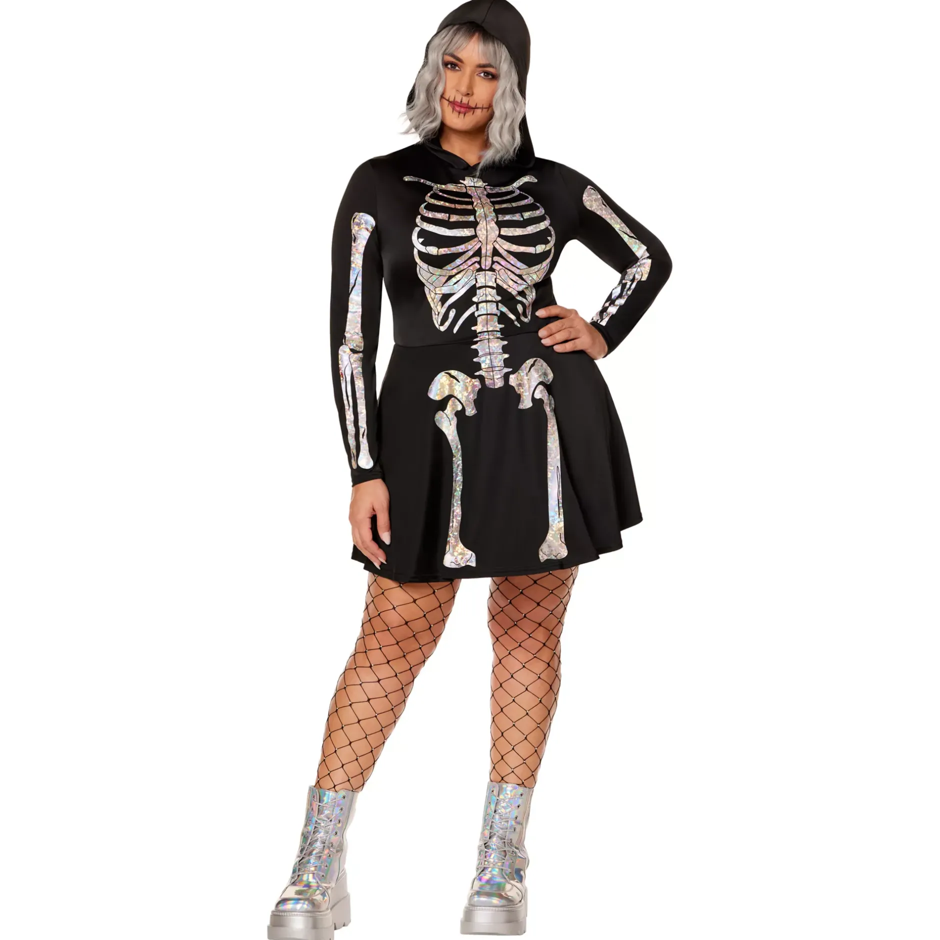 Women Spirit Halloween Adult Holographic Skeleton Hooded Dress