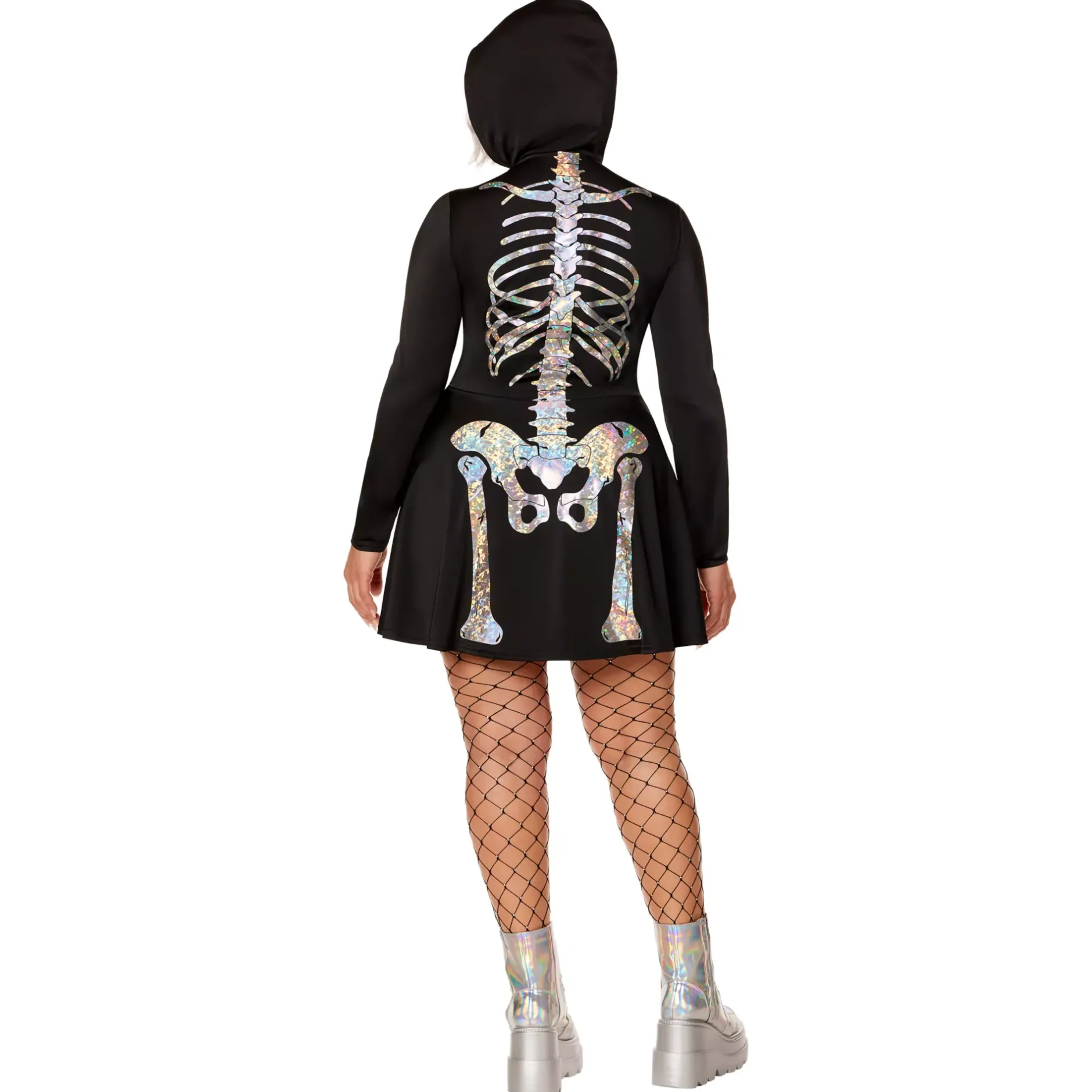 Women Spirit Halloween Adult Holographic Skeleton Hooded Dress