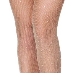Women Spirit Halloween Beige Rhinestone Fishnet Tights