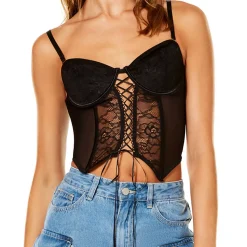 Women Spirit Halloween Black Floral Lace-Up Corset Top