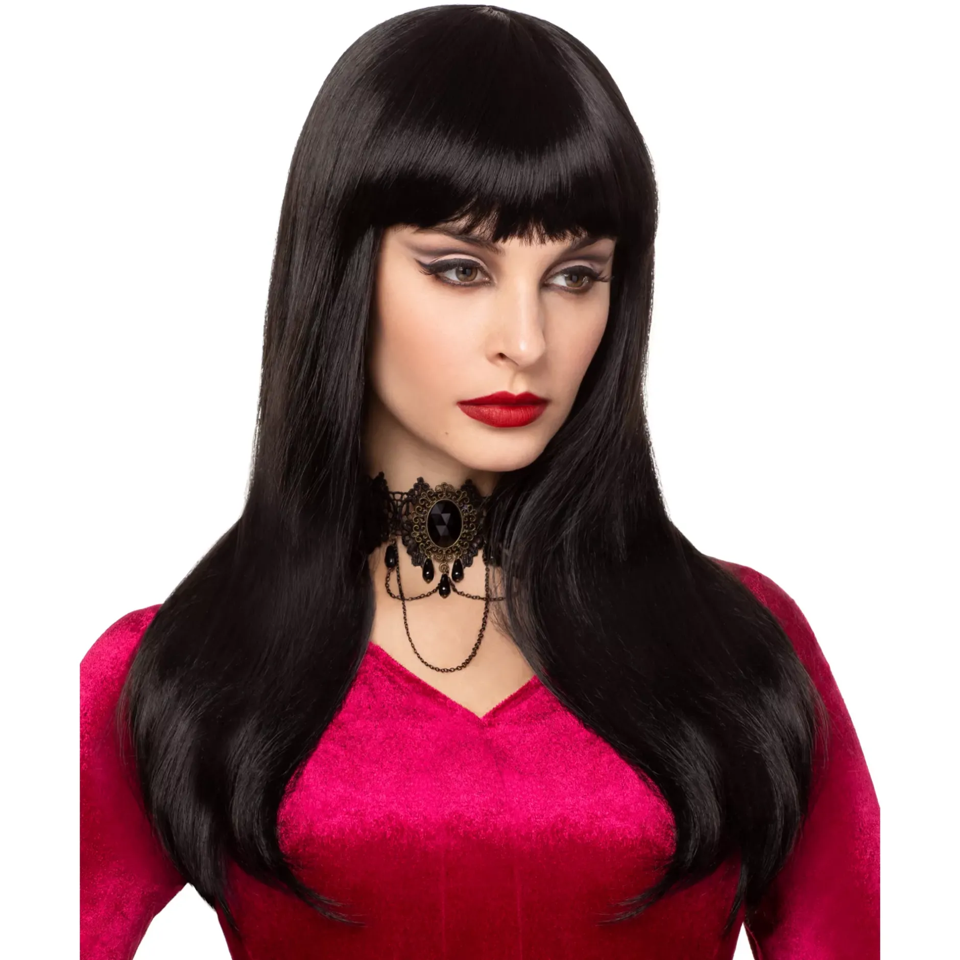 Women Spirit Halloween Long Black Wig with Bangs